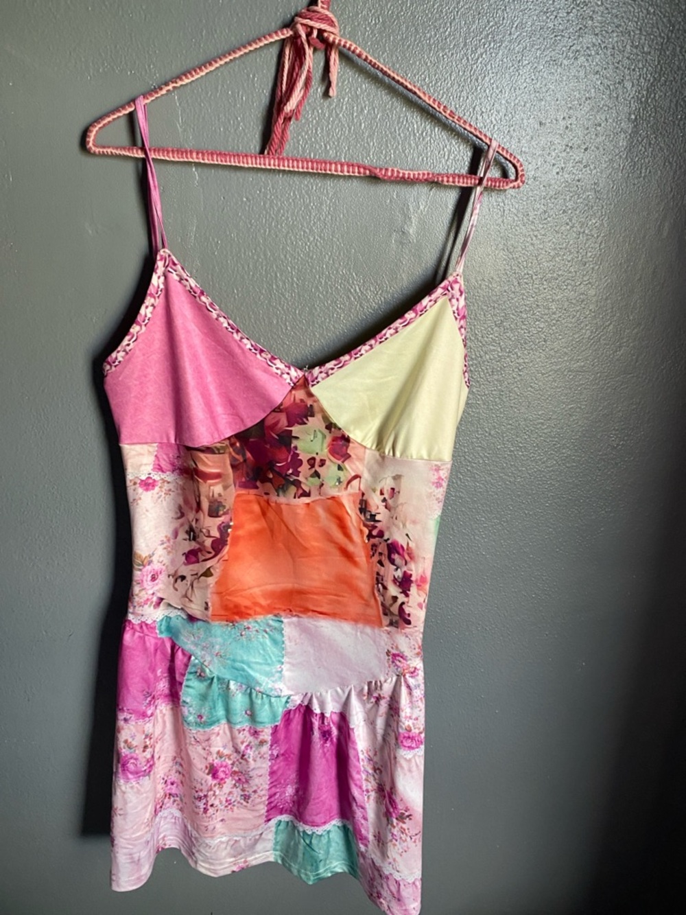 Colorblock Floral Patchwork Slip Dress - Pink, Orange, Mint